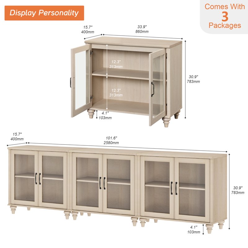 Light Beige 85-Inch TV Stand with 6 Glass Doors & Storage