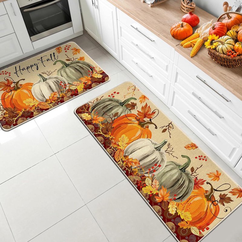 Halloween Kitchen Mats Set - Orange Pumpkin Non-Slip Rug for Floor Decor, 2 Pieces