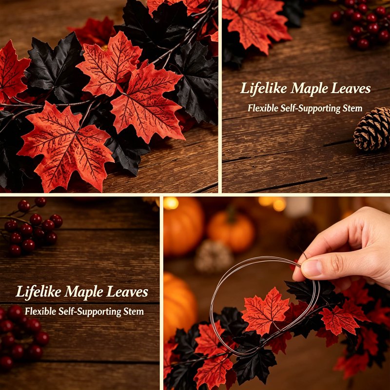 Halloween Maple Leaf Garland - Multicolor F, 71in Black Red Fall Foliage Vine