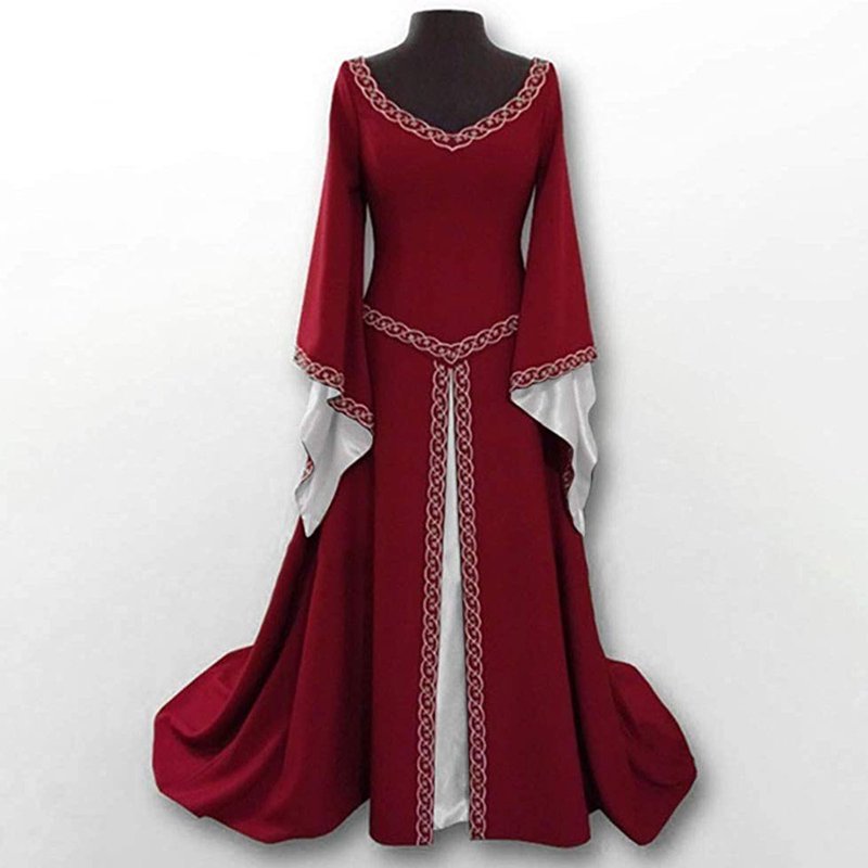 Red Medieval Halloween Retro Long Sleeve Maxi Dress for Women XL