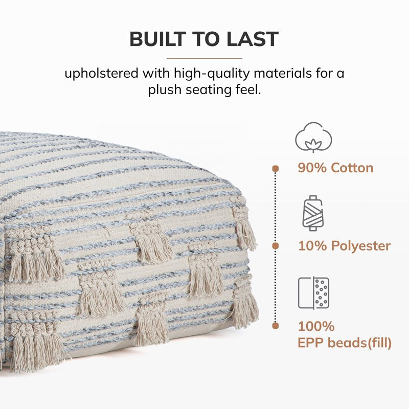 Anji Mountain Beige & Gray Cotton Polyester Square Pouf - Handmade Home Ottoman
