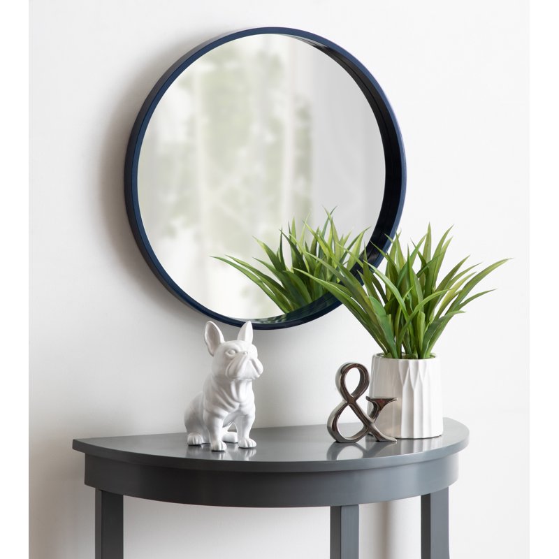 Round Wood Wall Mirror - 21.6" Diameter, Navy Blue - Modern Home Decor
