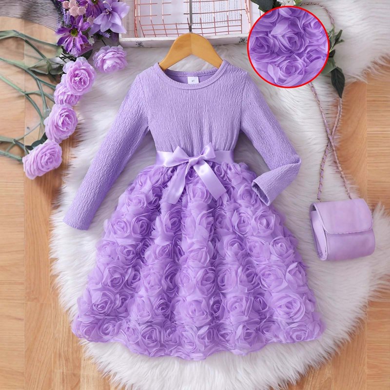Purple Toddler Girls Dress with 3D Rose Design Long Sleeve for Birthday & Holiday - Size 2-3 Years Z13-13Purple