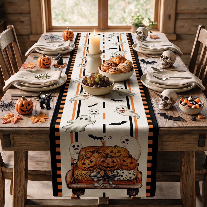 Halloween Table Runner with Ghost Truck, Bats & Bows - Seasonal Fall Kitchen Decor 13x72 Inch D