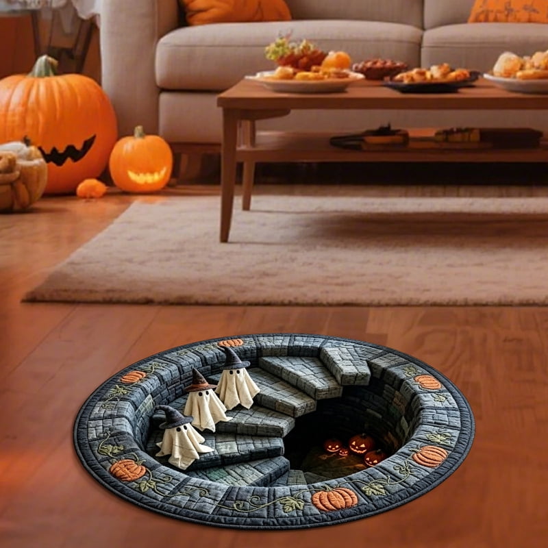 60x60cm Optical Illusion Halloween Round Rug - Spooky Ghost Pumpkin Doormat