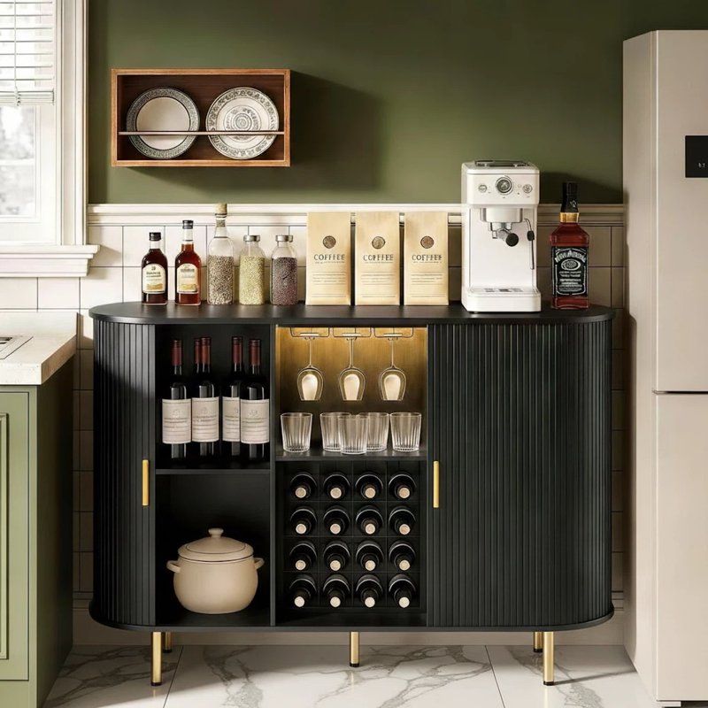 55" Wine Bar Cabinet with Storage & LED Lights - Black