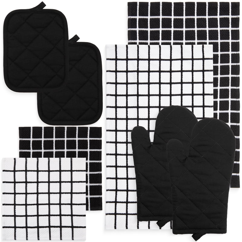 Cotton Kitchen Towel, Dishcloth, Oven Mitt & Potholder Set - Black