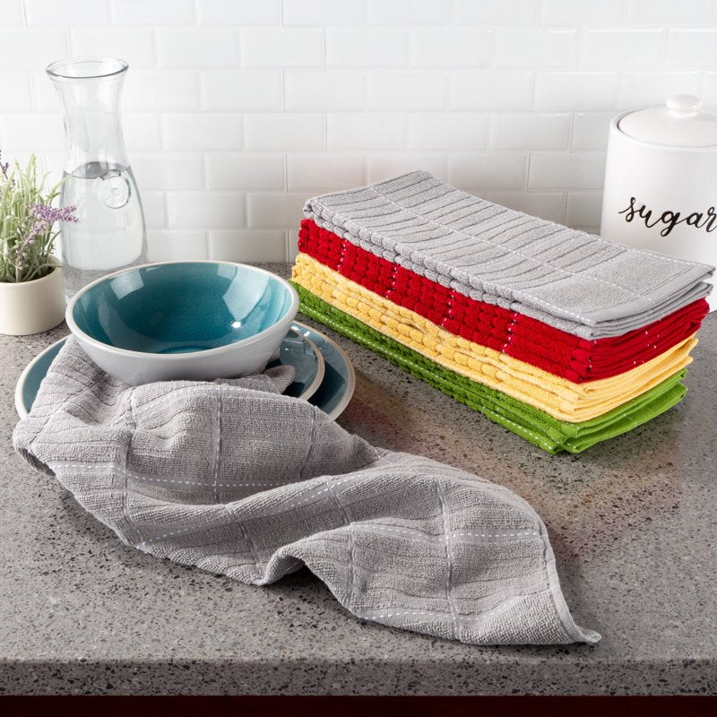 100% Cotton Kitchen Towels Set - Checked Weave, 8 Pack, 16"x28"