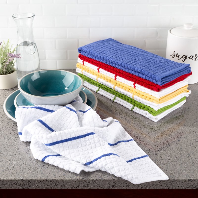 100% Cotton Kitchen Towels Set - 8 Pack Stripes & Solids 16”x28”