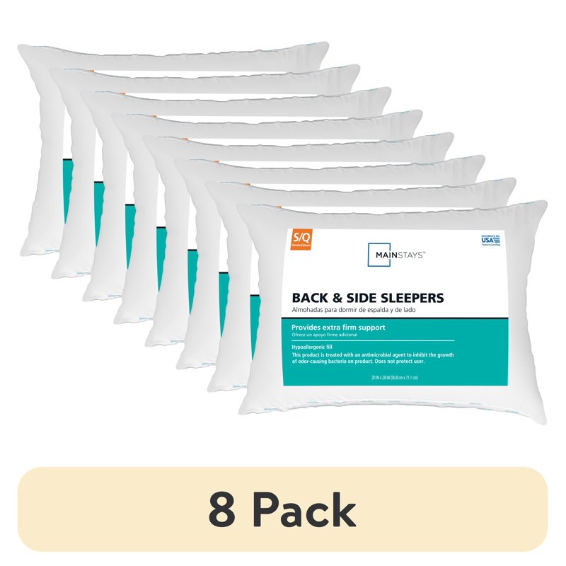 (8 Pack) Mainstays Back & Side Sleeper Bed Pillow - Extra Firm Support, Standard/Queen, White, Hypoallergenic