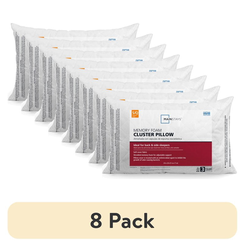 (8 Pack) Memory Foam Cluster Bed Pillows - Standard/Queen Size, Microfiber Cover, Supportive & Antimicrobial