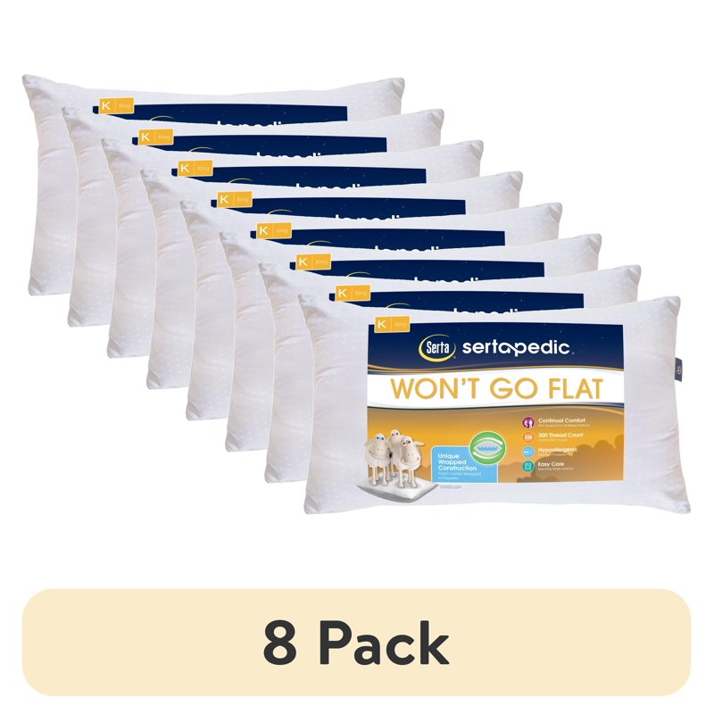 8 Pack King Size Sertapedic Won't Go Flat Pillow - Supportive Sleep