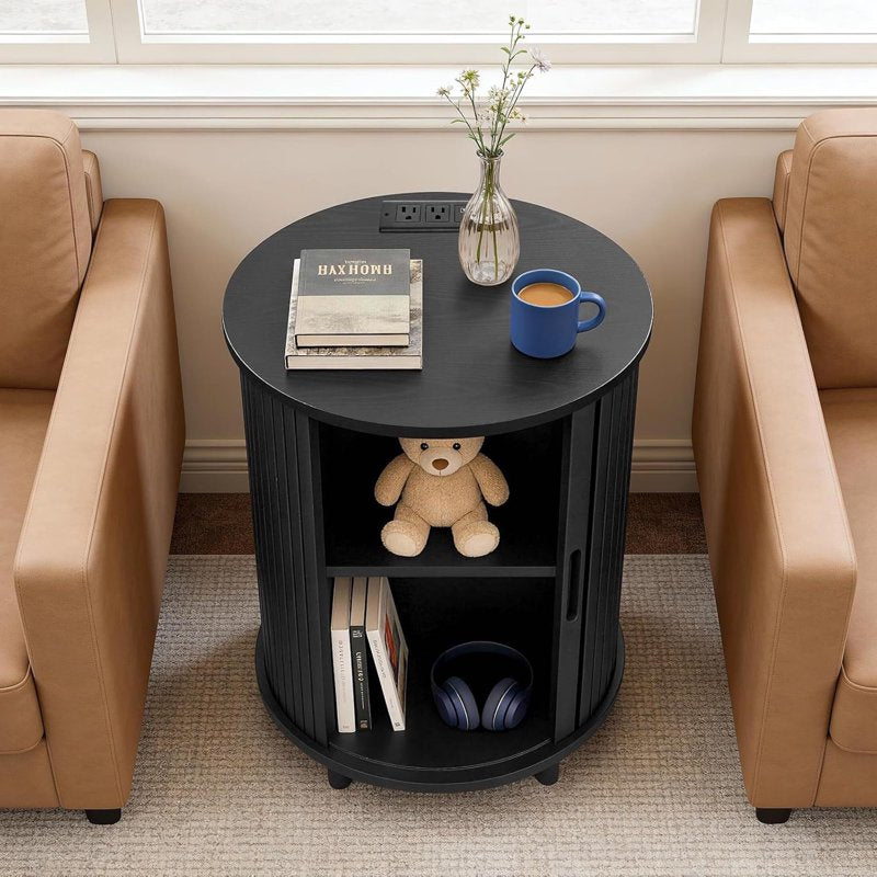 Round End Table with Charging Station & Adjustable Shelf