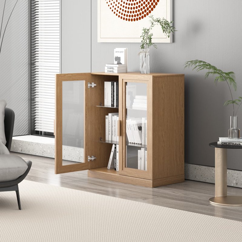Curio Display Cabinet with Glass Doors - Natural Wood, 36x31x16in