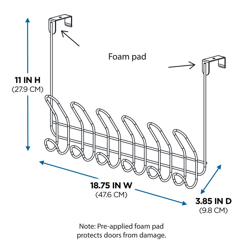 Mainstays Over-the-Door Hanging Hooks - 6 Black Hooks for Towels, Robes & Bags - No Drilling
