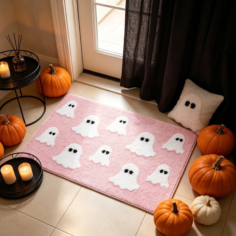 Halloween Ghost Bath Mat Pink 23.6x15.7in Faux Fur Rug with Secure Grip - OVFUIZ Irregular Variant