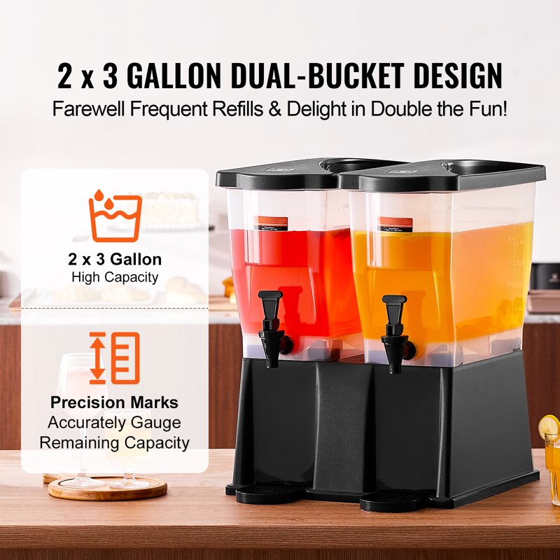 3 Gallon Plastic Beverage Dispenser Set - 2 Drink Dispensers with Lid