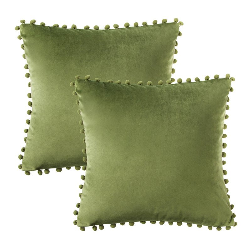 Green Velvet Throw Pillow Set 18x18 Inches with Pom Poms - 2 Pack