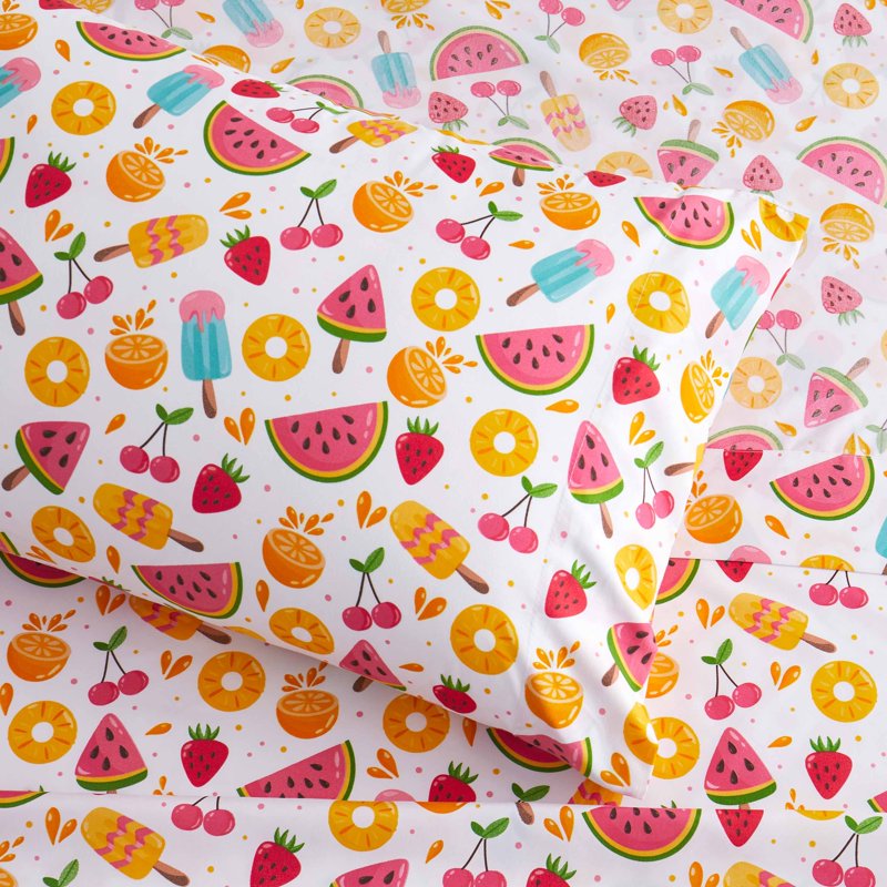 Kids Microfiber Sheet Set - Fruity Fun Full Size with Straps - Ultra Soft Bedding