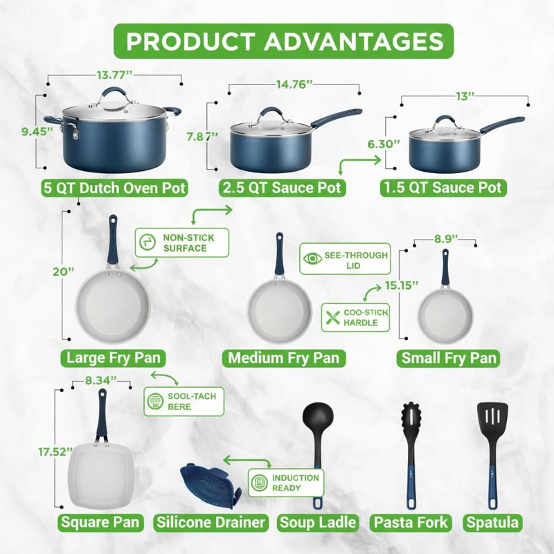 20-Piece Non-Stick Cookware Set - Multi-Sized Pots & Pans