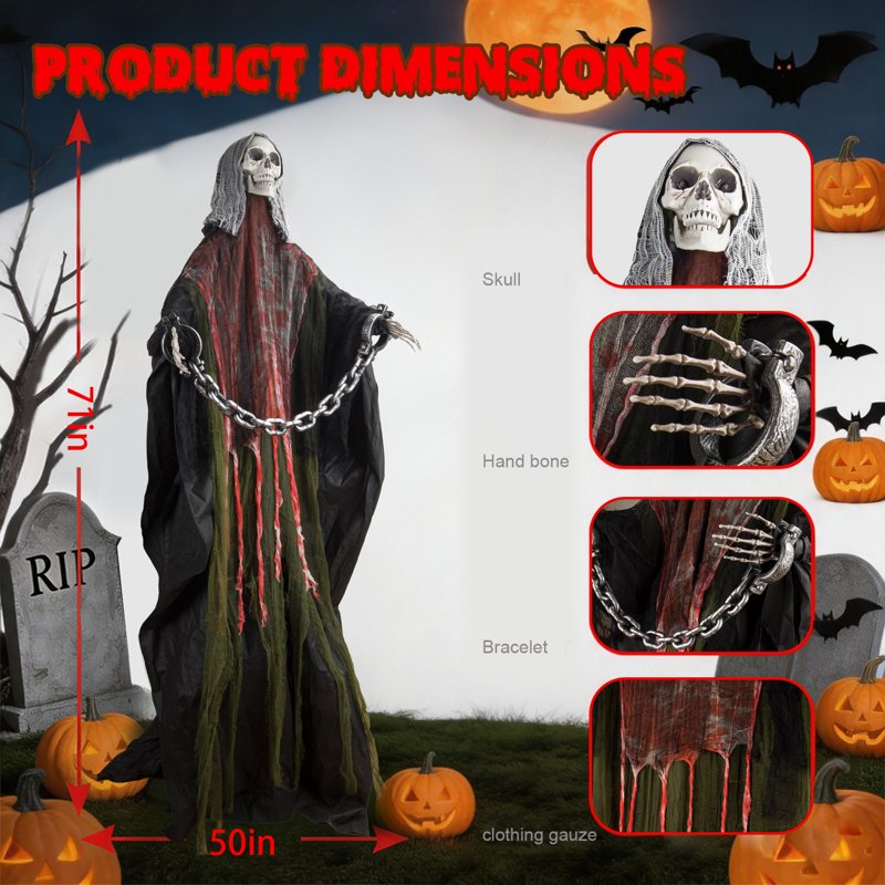 6ft Red Ghost Skeleton Halloween Decor - Outdoor Spooky Ghost, Sound-Activated & Poseable for Yard & Porch