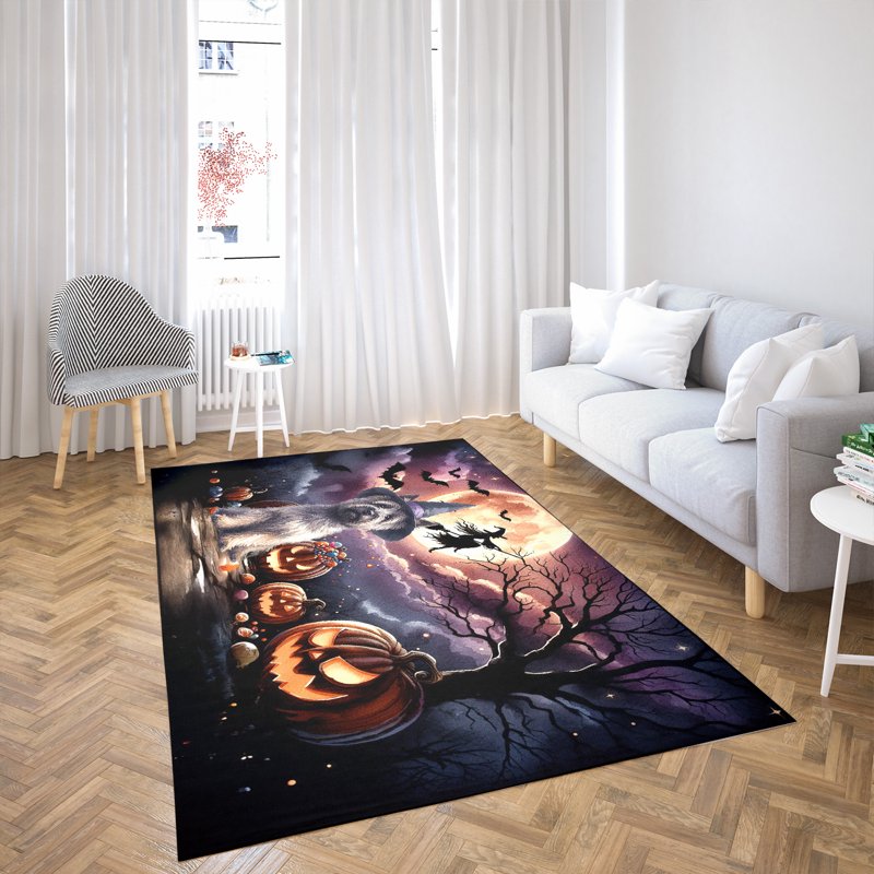 Pet-Themed Halloween Rug - Cairn Terrier & Pumpkins Indoor Carpet 36" x 60" - Variation of Cairn Terrier