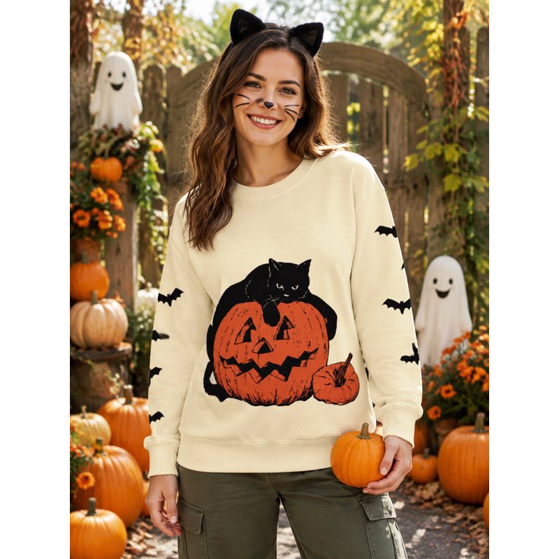 Apricot KimSoong Women's Halloween Sweatshirt Black Cat Pumpkin Graphic Pullover Crew Neck Long Sleeve