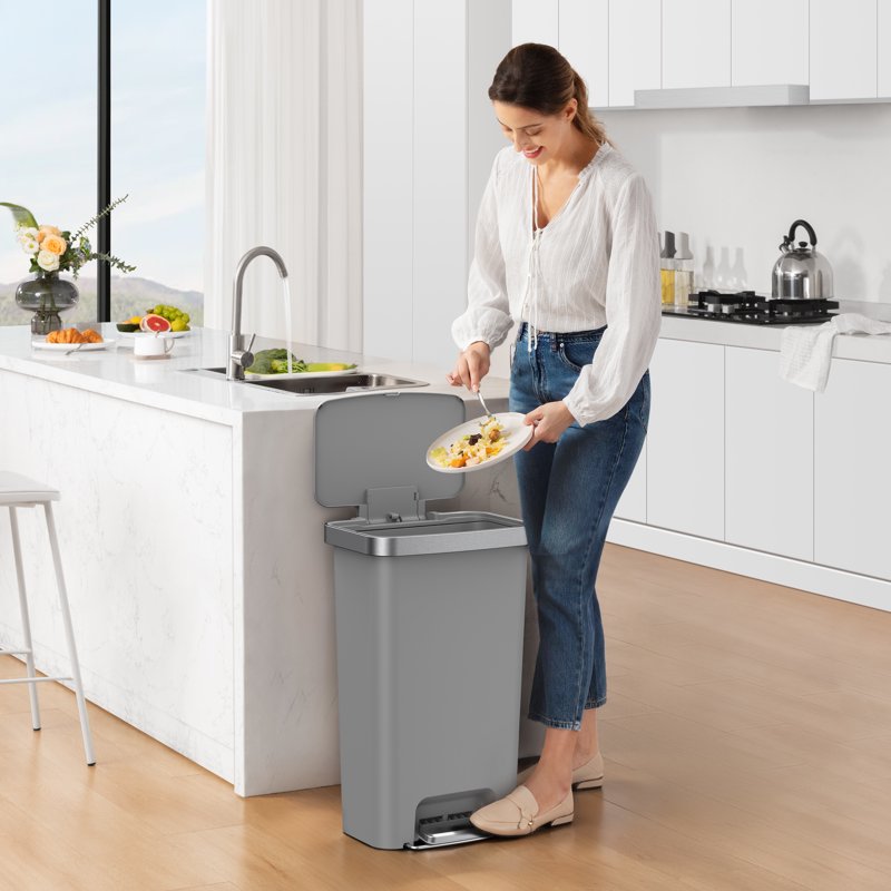 11.9 Gallon Kitchen Trash Can - Plastic Step Bin with Soft Close Lid - Gray