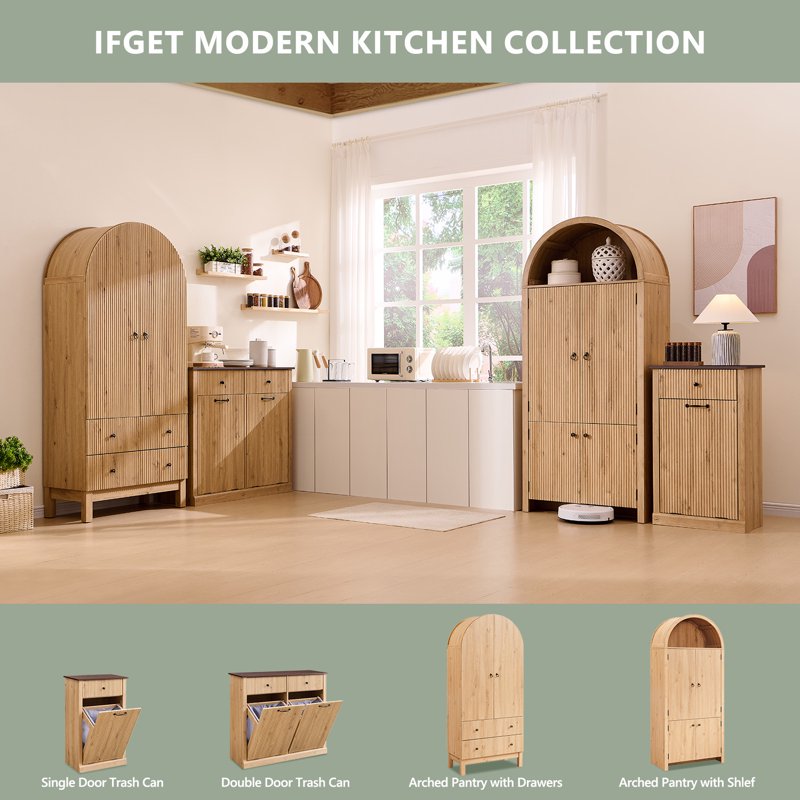 Modern Wavy Arched Pantry Storage Cabinet - Natural Fluted Wood, 71"