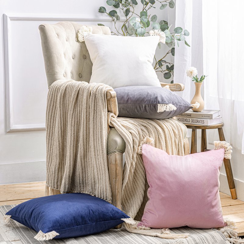 12x20 Inch Off White Corduroy Velvet Throw Pillow Set with Cotton Tassels