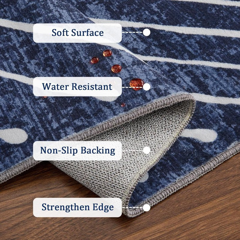 Blue 8x10 Modern Washable Non Slip Area Rug - Striped Low Pile Bedroom & Living Room Carpet