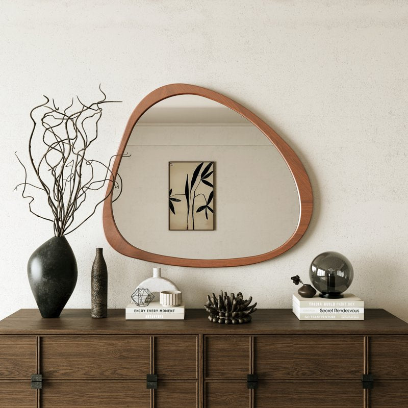 45-Inch Asymmetrical Wall Mirror with Solid Wood Frame - Mid-Century Style, Walnut Finish