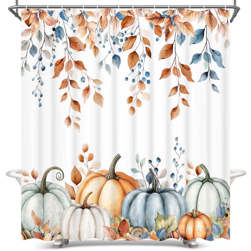Ikfashoni Fall Halloween Shower Curtain with Hooks - Pumpkin Leaves Waterproof 72x72 inches - Fall 4