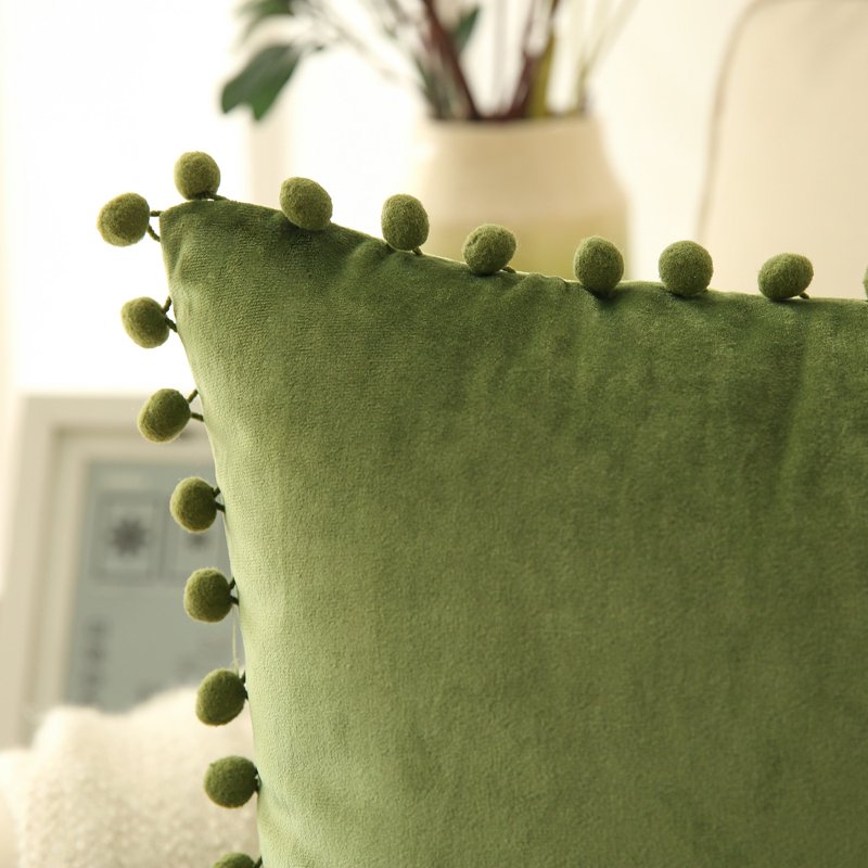 Green Velvet Throw Pillow Set 18x18 Inches with Pom Poms - 2 Pack