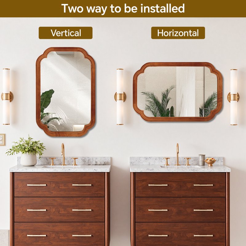 24x36 Inch Round Corner Wooden Mirror - Elegant Solid Wood Frame for Bedroom Bathroom Entryway Brown - Variation of Brown