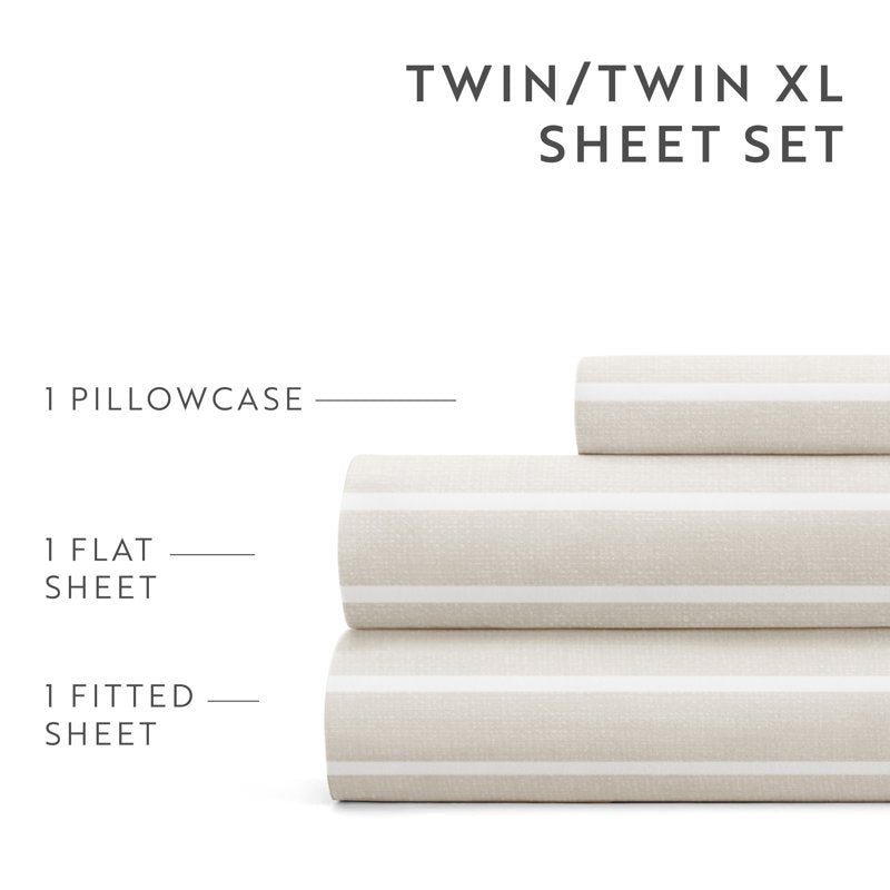 Twin Microfiber Bed Sheet Set with Distressed Awning Stripe Pattern - Natural