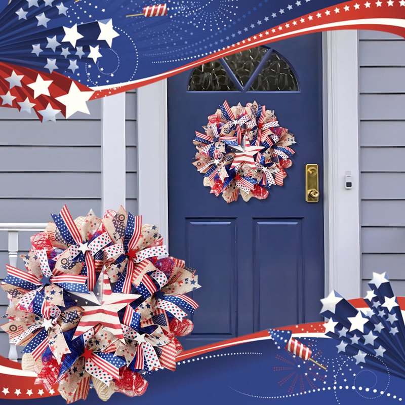 Patriotic Wreath Decorations - 250th Year Independence Day Red White Blue Flower Wreath D Variation D