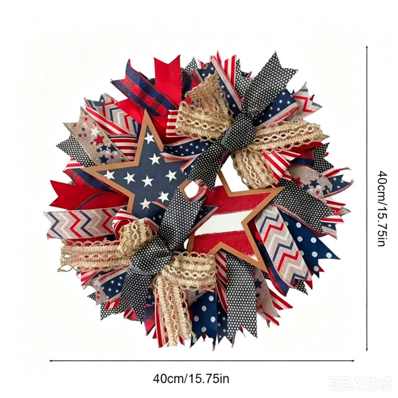 4th of July Patriotic Wreath - Red White Blue Independence Day Front Door Decor - Variation 0A