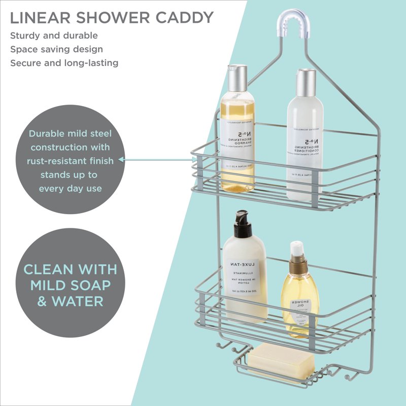 Gray Shower Caddy with 2 Shelves and Hooks - Over-the-Shower Head Storage Organizer