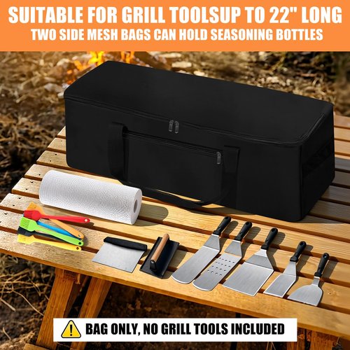 CSOKRE Grill Tool Storage Bag, Outdoor BBQ Utensil Storage with Pockets for BBQ Tools up to 22", Large Grilling Utensil Holder Storage Caddy, Barbecue Tool Sets Case for Camping Picnic,Bag Only,Black