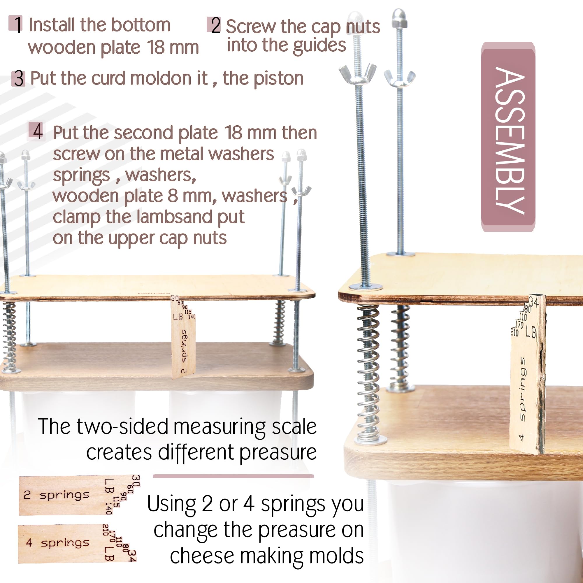 Wooden Cheese Press For Cheese Making 16 In Natural Oak 18 mm Thick - Cheese Making Kit With Wooden Cheese Press and 2 Cheese Molds 1/2 Gal, Cheesecloth, Springs and Measuring Scale Included