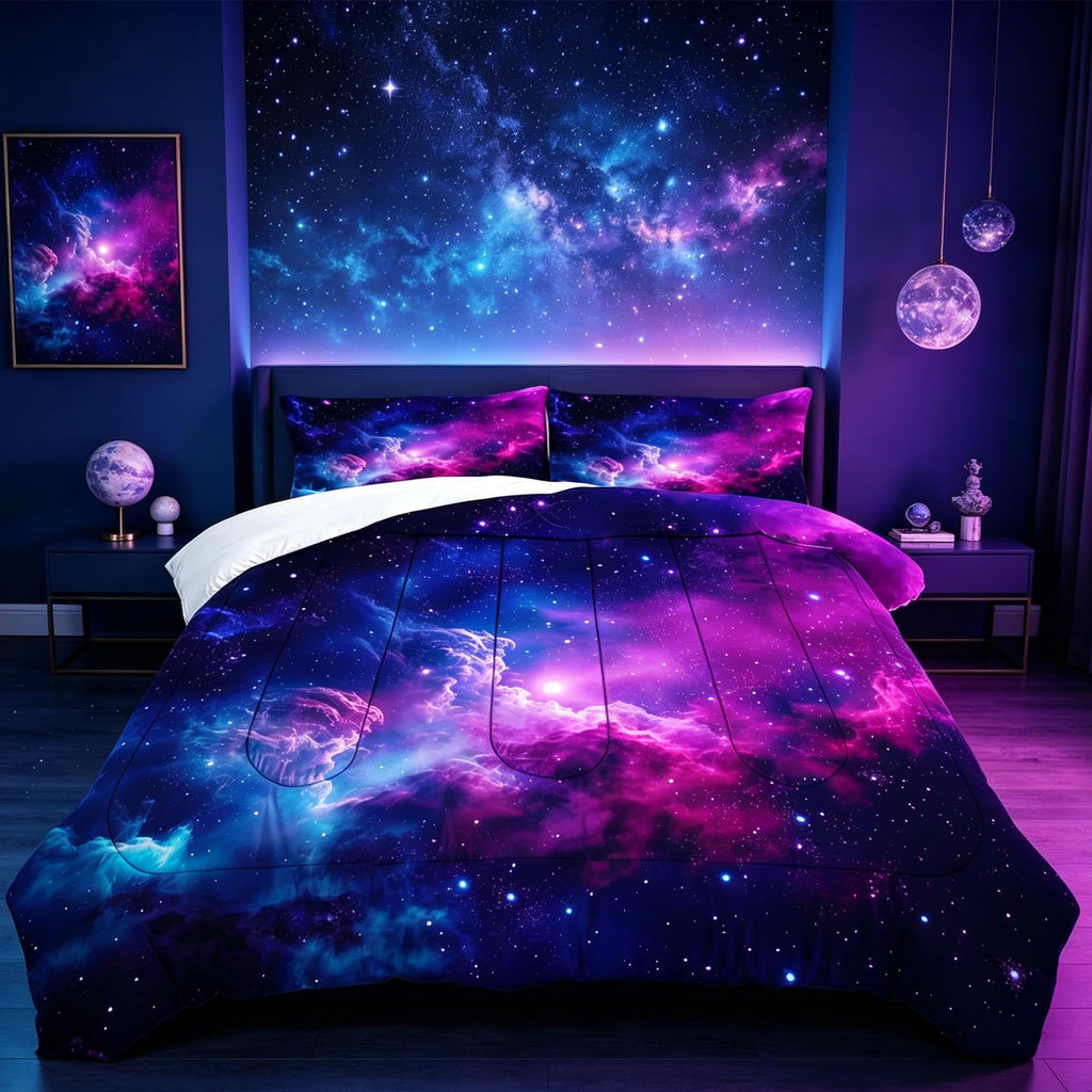 FUYEUN Galaxy Comforter Sets Queen Size Purple Outer Space Bedding Set for Teen Girls Boys Kids Children Bedroom Dorm Quilt 1 Comforter + 2 Pillow Cases