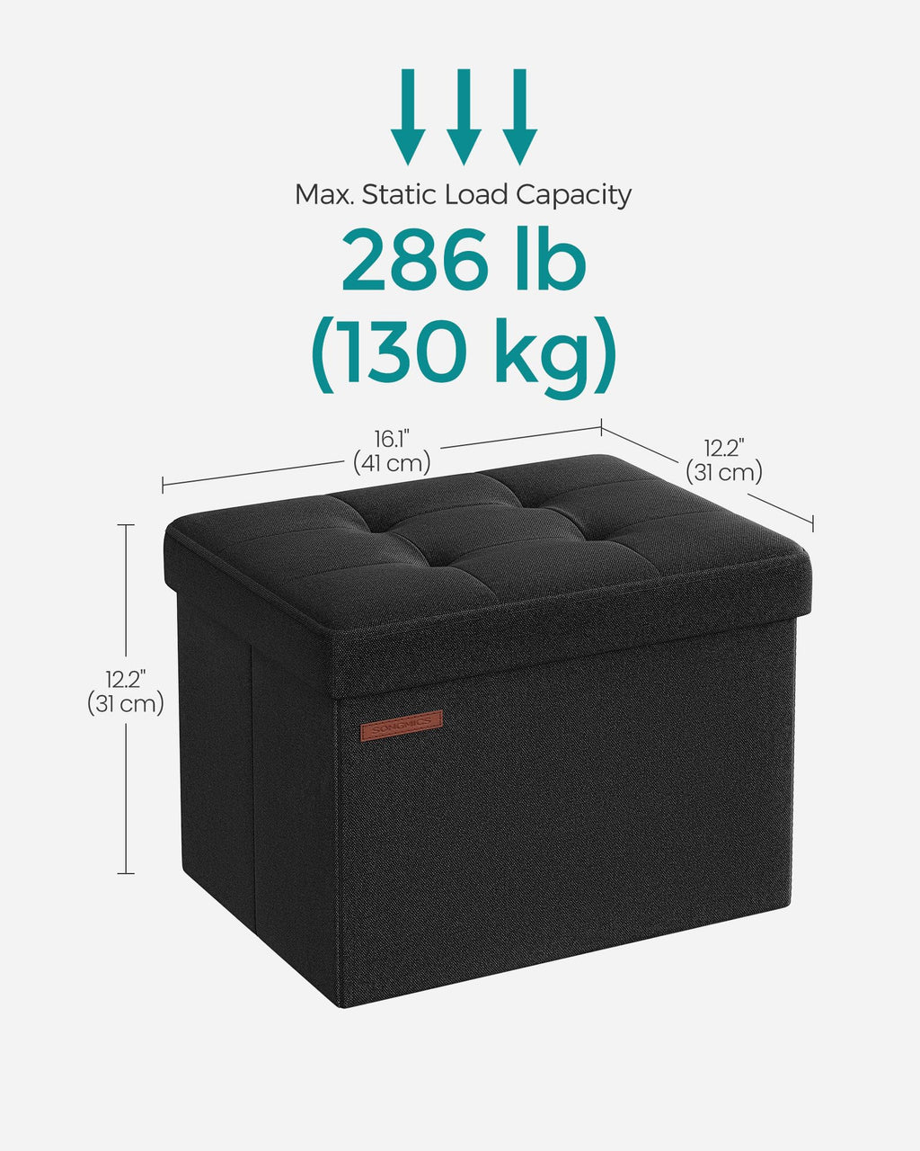 SONGMICS MAZIE Collection - Small Folding Storage Ottoman, Foot Rest Stool, 12.2 x 16.1 x 12.2 Inches, 286 lb Load Capacity, for Living Room, Bedroom, Home Office, Dorm, Ink Black ULSF102B01