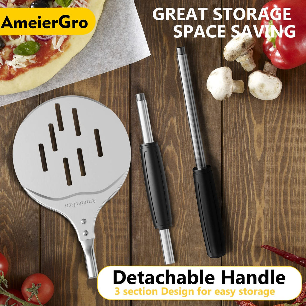 AmeierGro Pizza Turning Peel, 7 Inch Perforated Pizza Peel Turner, Adjustable Long Handle Pizza Spatula, Pizza Paddle Harden Anodizing, Pizza Oven Accessories for Pizza