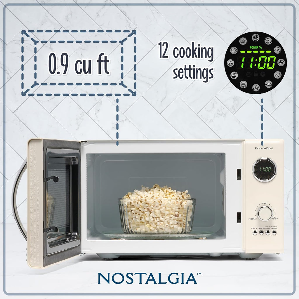 Nostalgia Retro Microwave Oven - 800-Watt Power - 0.9 Cu Ft - 12 Pre-Programmed Settings - Ivory Finish