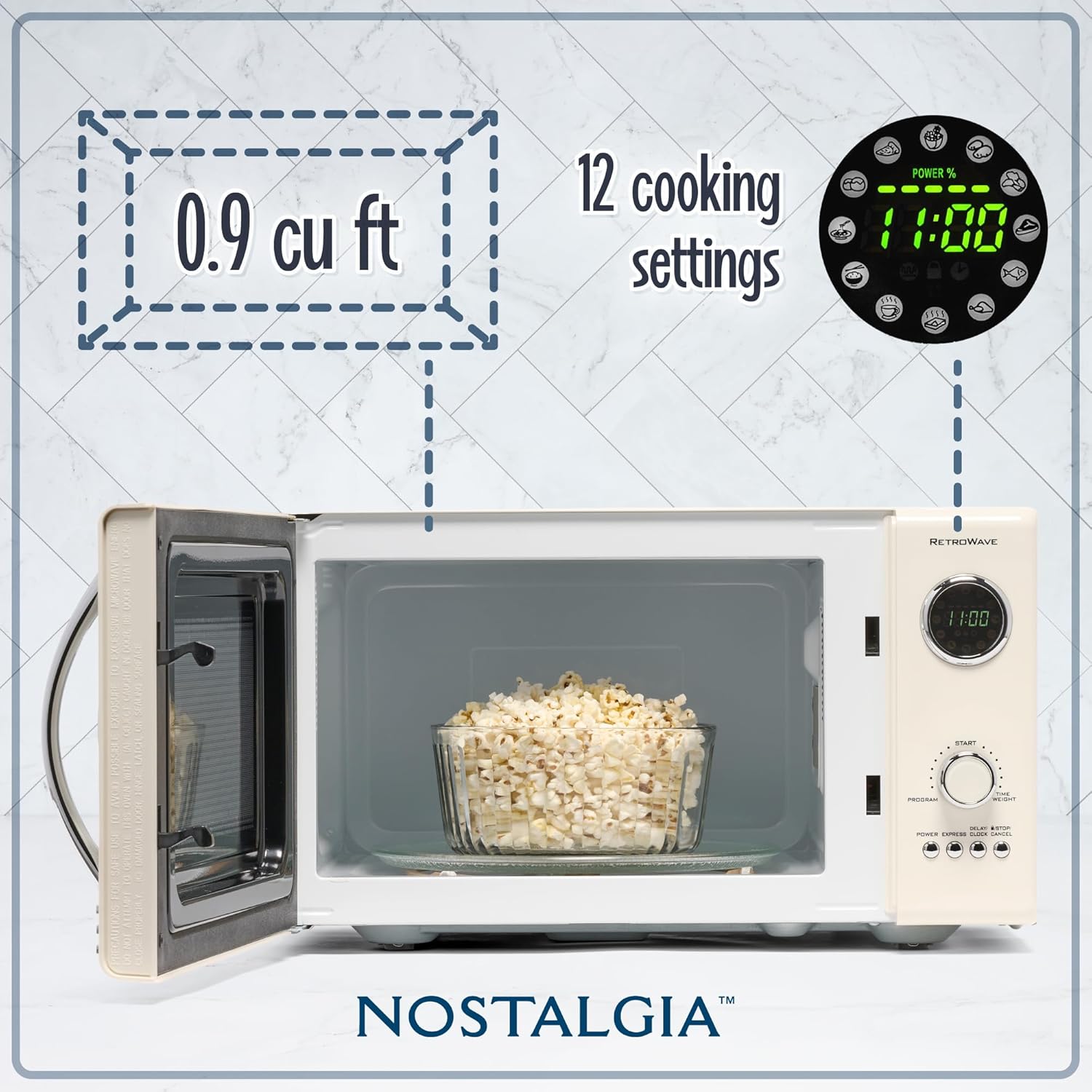 Nostalgia Retro Microwave Oven - 800-Watt Power - 0.9 Cu Ft - 12 Pre-Programmed Settings - Ivory Finish