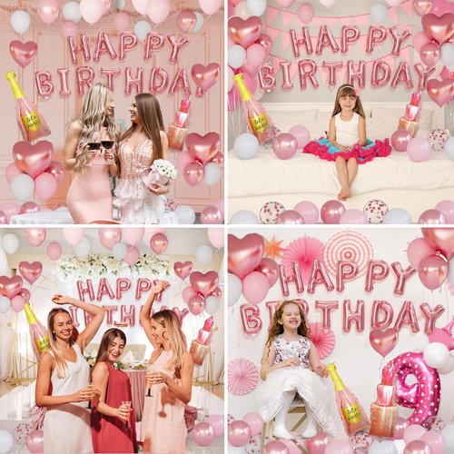 Rose Gold Happy Birthday Decorations for Women Pink and Rose Gold Biirthday Balloons Letters Banner with Heart-Shaped Champagne Bottle Lipstick Balloons Rose Petals for Room Birthday Party Decor