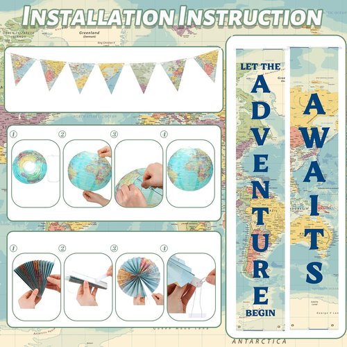20 Pcs Globe Map Classroom Decorations Travel Party Decors Back to School Hanging Paper Lantern Fans Adventure Awaits Bulletin Board Around The World Party Decorations for Classroom Earth Day Birthday