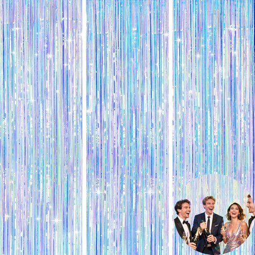 JijAcraft Iridescent Tinsel Foil Fringe Curtain - Holographic Party Backdrop | 3 Pack for Celebrations