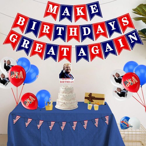 Make Birthdays Great Again Party Decorations Kit - Red & Blue Balloons, Banner & Cake Toppers for Patriotic Themes